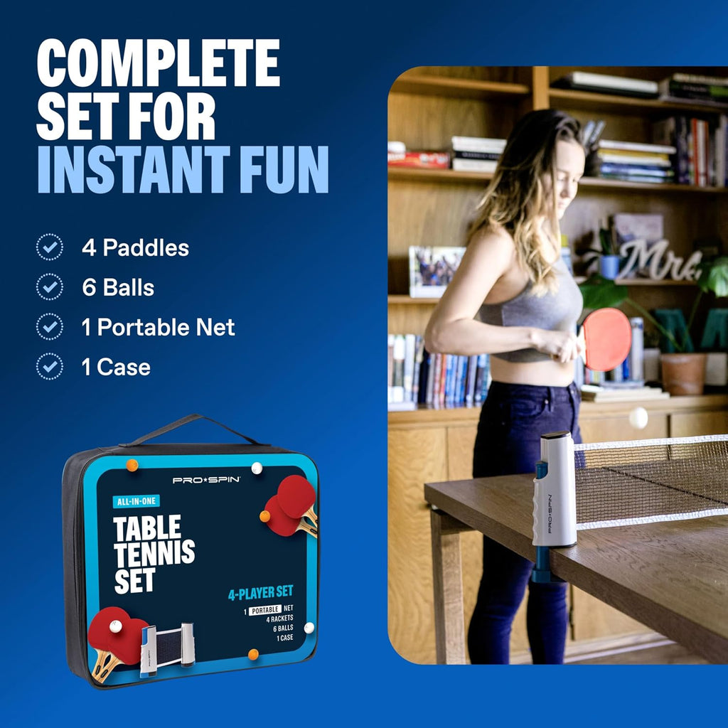 Portable Ping Pong Set with Retractable Ping Pong Net for Any Table, All-in-One Table Tennis Set with Ping Pong