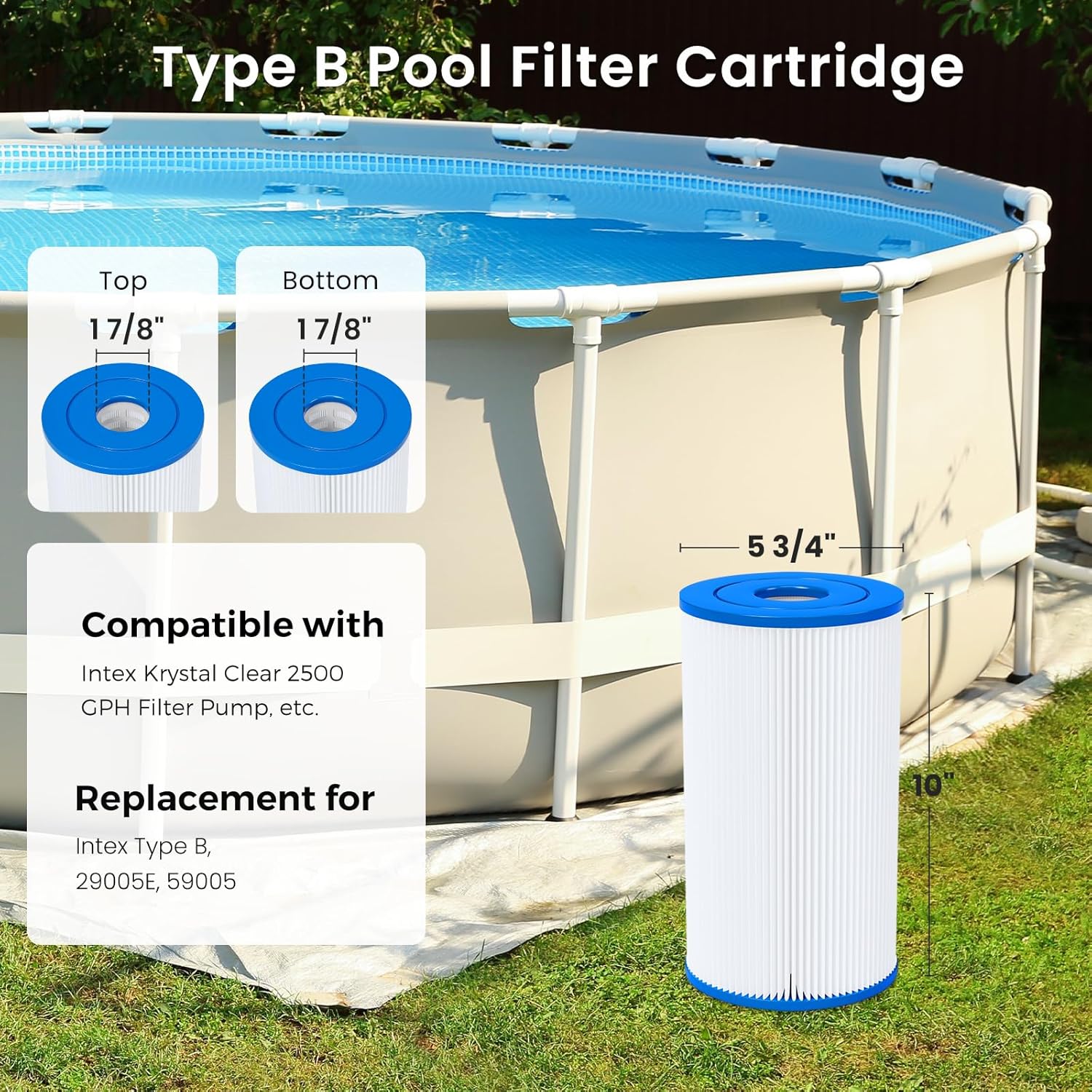 2 Pack Type B Pool Filter Cartridge Replacement for Intex 29005E & 2500 GPH Pump, Fits Easy Set Above Ground Pools