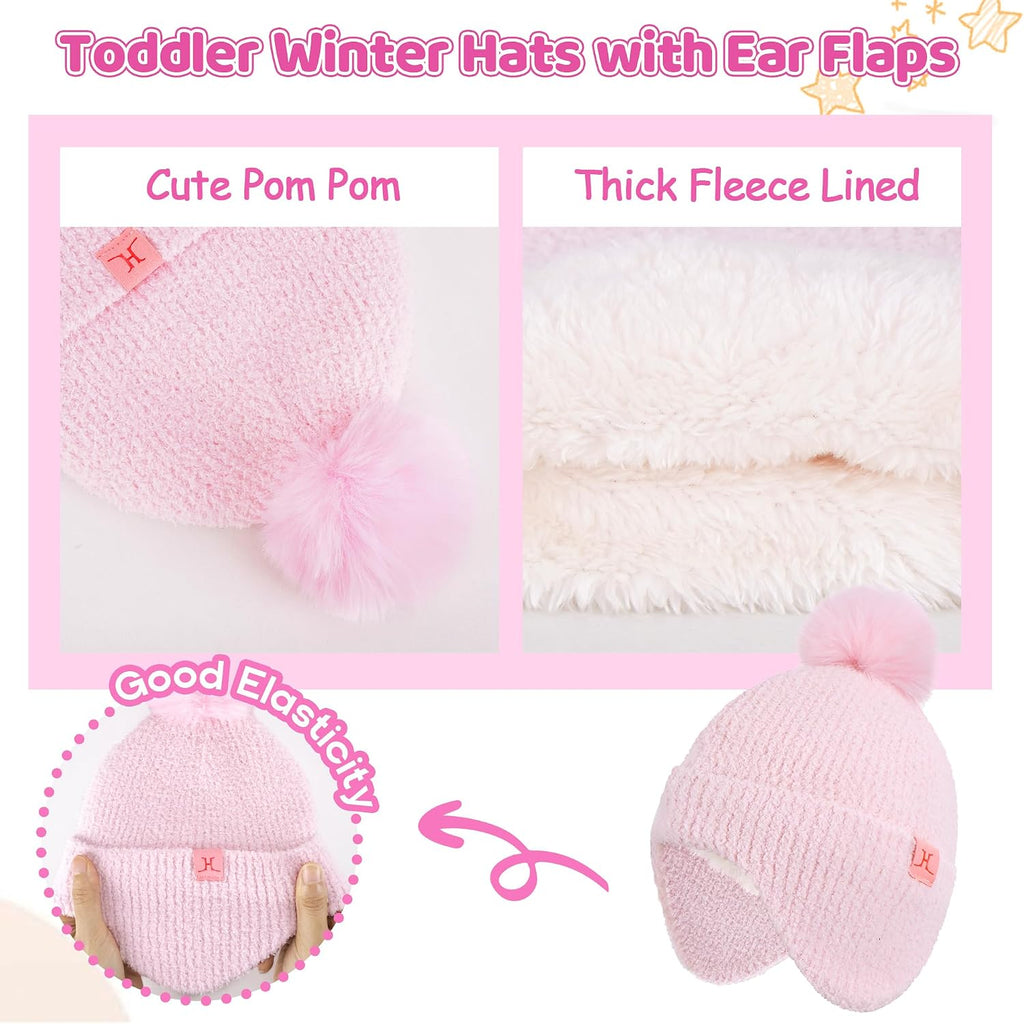 Toddler Kids Winter Hats Mittens Gloves Scarf Set Age 0-4 | Warm Knit Baby Beanies Hats with Ear Flaps, Fleece Neck