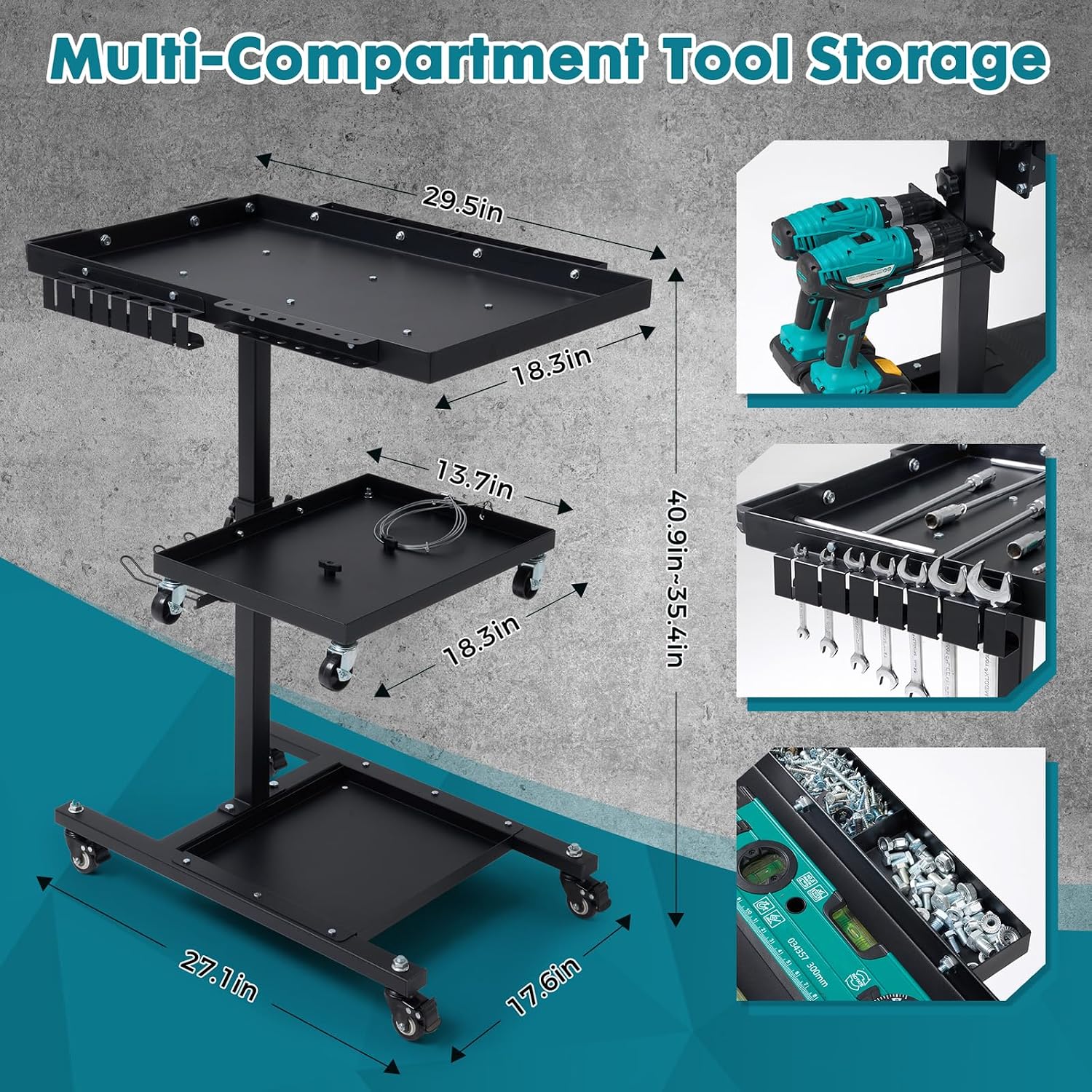 3-Tier Rolling Work Table, Adjustable Height Tool Cart with Wheels | Portable Mechanic Organizer with Drill Storage