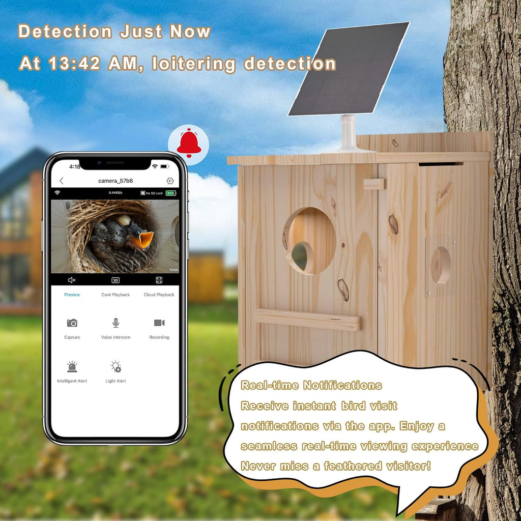 Solar-Powered Smart Owl House with Camera - Outdoor Hanging Wooden Nesting Box, Real-Time View & Motion Detection