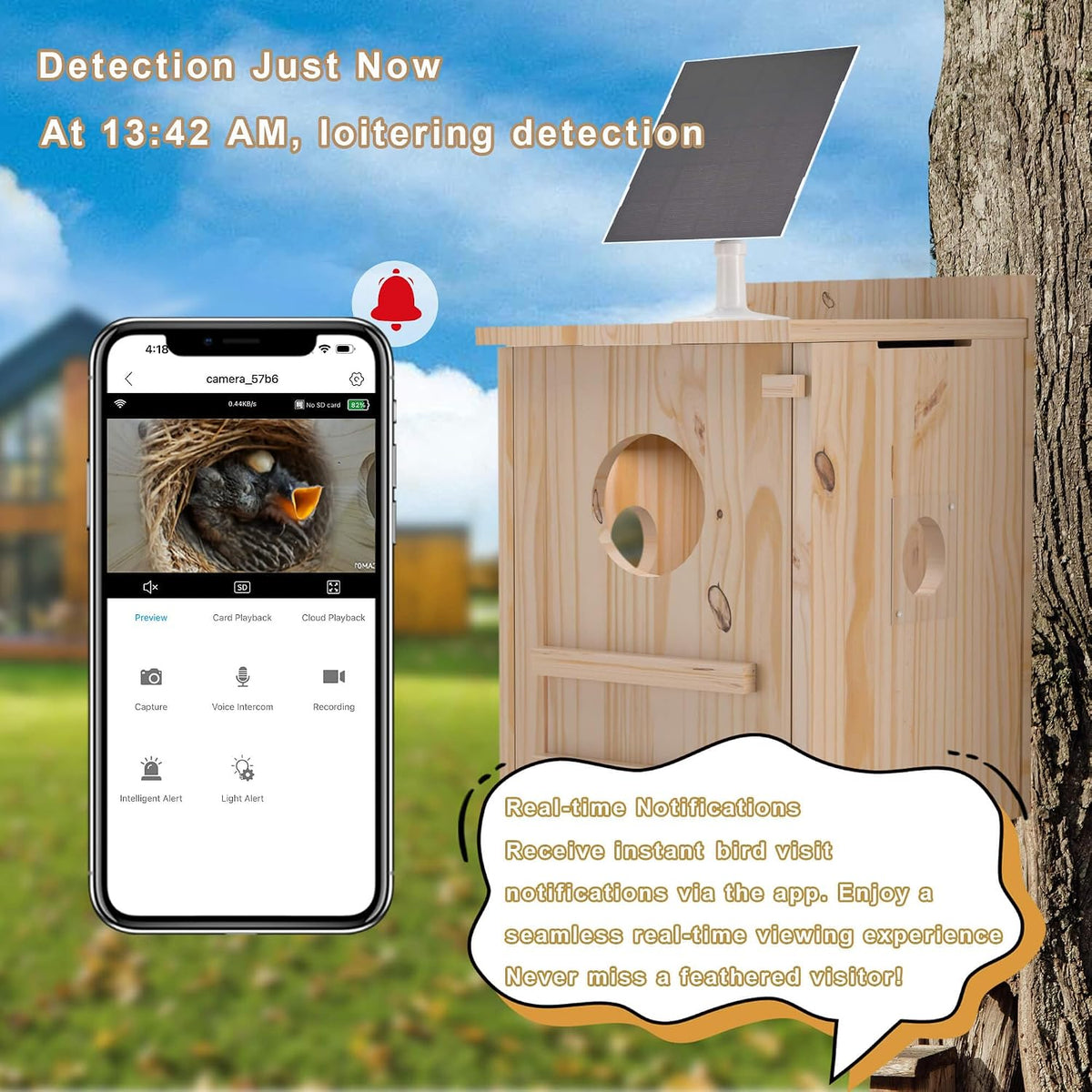 Solar-Powered Smart Owl House with Camera - Outdoor Hanging Wooden Nesting Box, Real-Time View & Motion Detection
