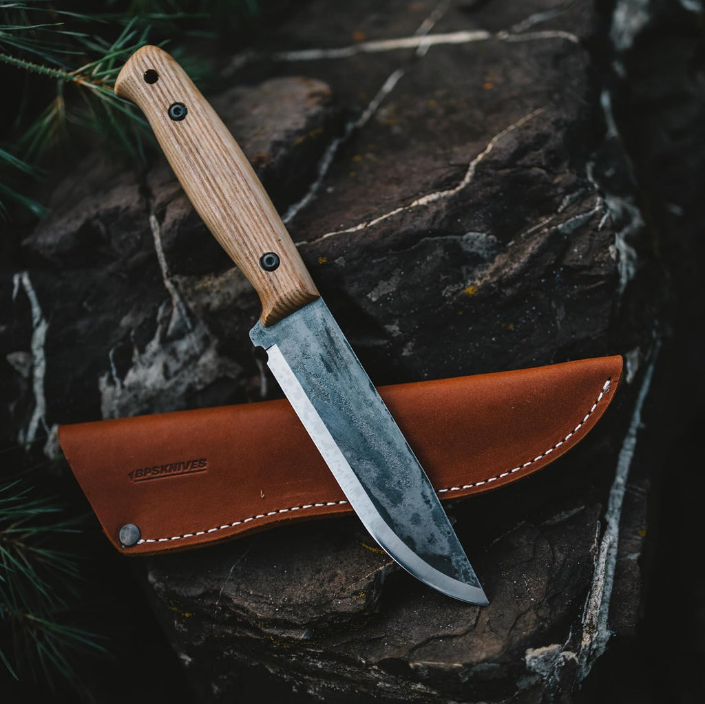 Adventurer Basic - Fixed-Blade Carbon Steel Bushcraft Knife with Leather Sheath - Camping Knives - Outdoor Full Tang