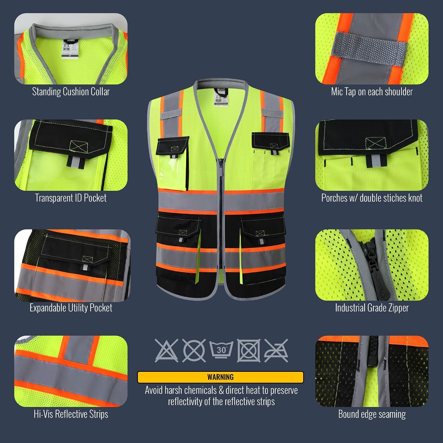 Safety Vest for Men Women Hi Vis with Pockets and Cushioned Collar Construction Vest Meet ANSI Standard (BX360)