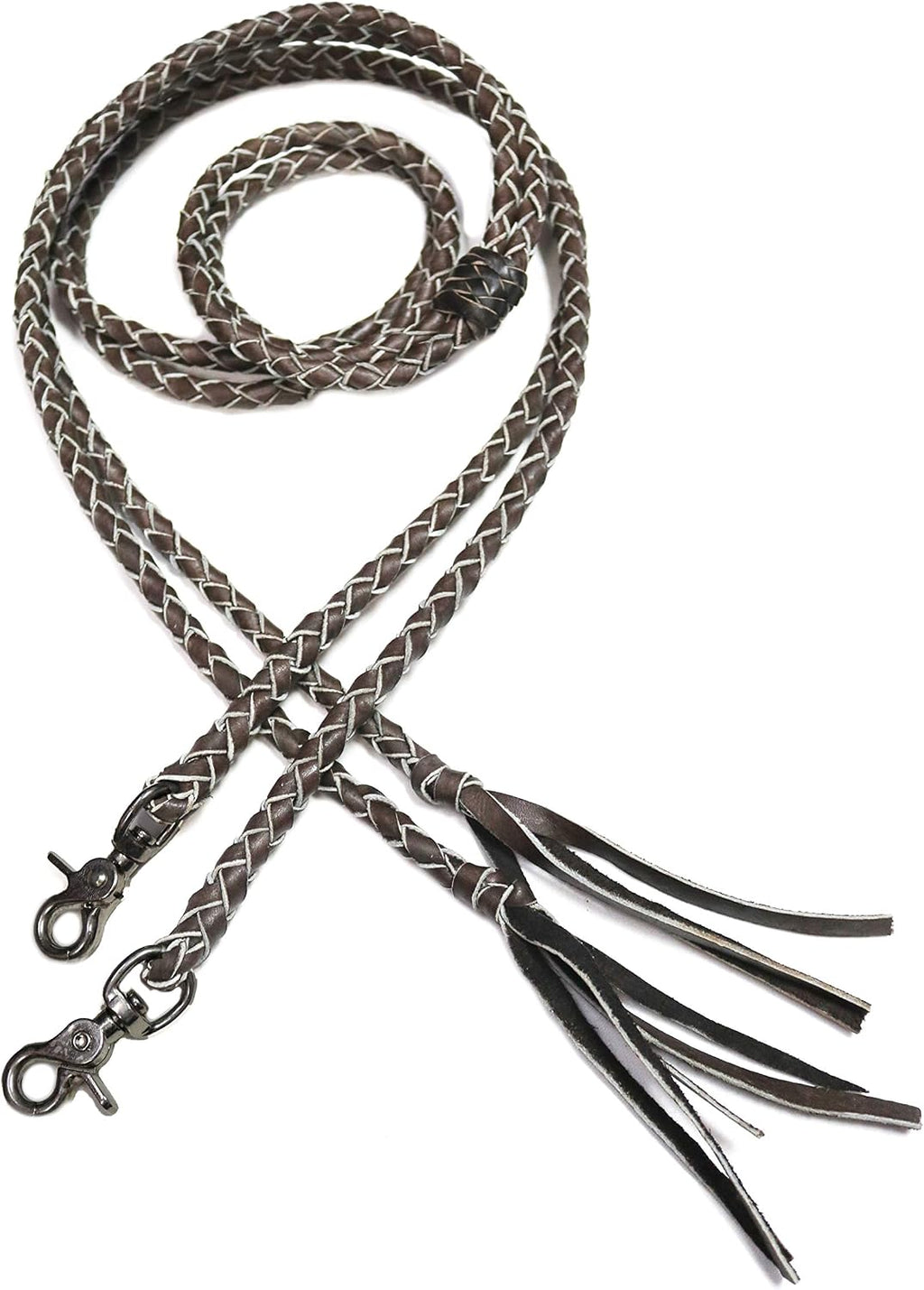 Western Braided Split Reins – 4 Plait Brown Leather Horse Reins with Tassels & Quick Release Snaps, 7 FT x 3/8"