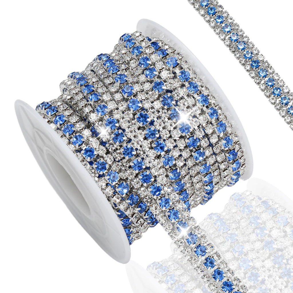 3 Yards 3 Rows Rhinestone Trim, Crystal Close Chain for Wedding,Light Blue