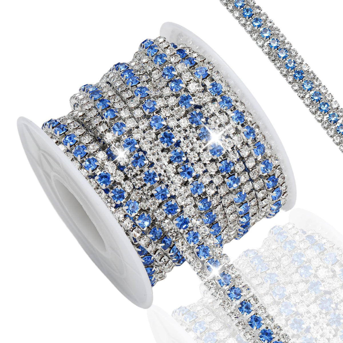 3 Yards 3 Rows Rhinestone Trim, Crystal Close Chain for Wedding,Light Blue