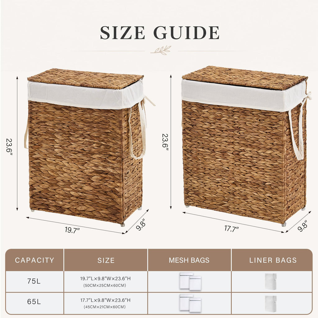 Slim Laundry Hamper with Lid, Handwoven Natural Water Hyacinth Basket