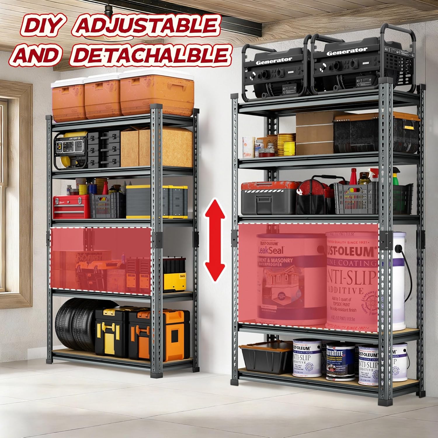 Garage Shelving Heavy Duty, 2450LBS Metal Storage Shelves 5 Tier, Adjustable Shelving Unit 30" W x 12" D x 62" H