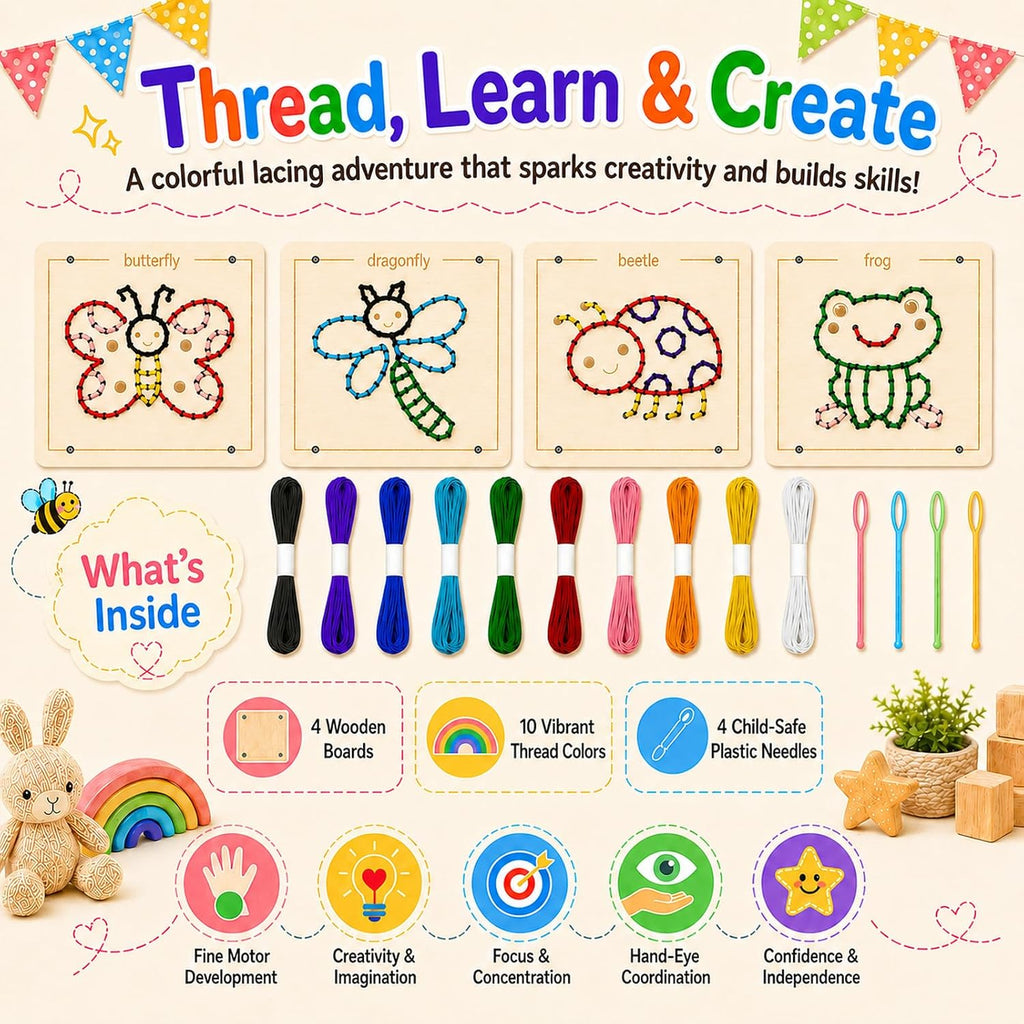 Montessori Wooden Lacing Toys for Toddlers and Kids Ages 2-4 5-7, Sewing Kit Fine Motor Skill Busy Board, Education