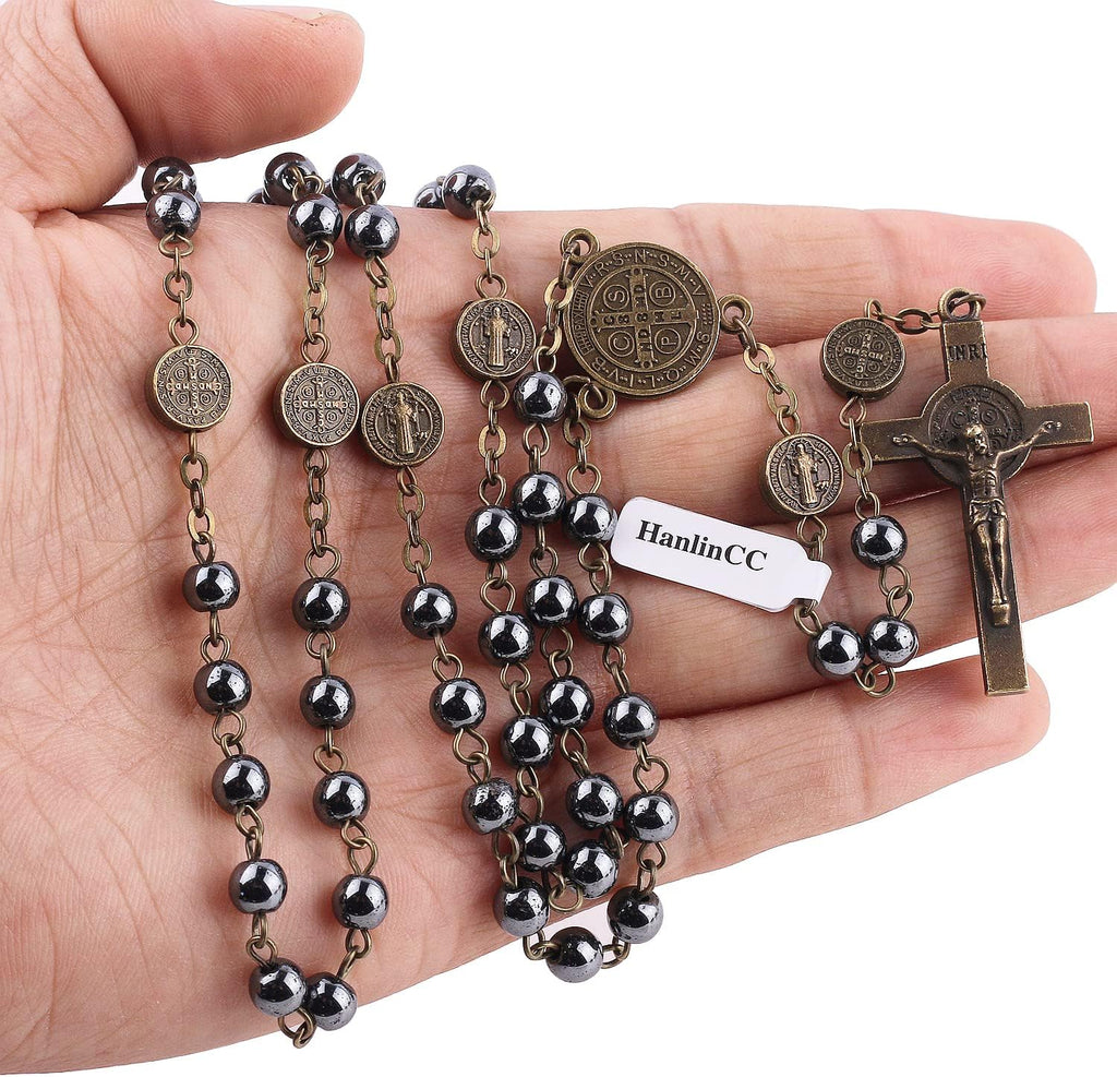 Catholic Rosary St.Benedict Hematite Necklace with Gold Plated Box