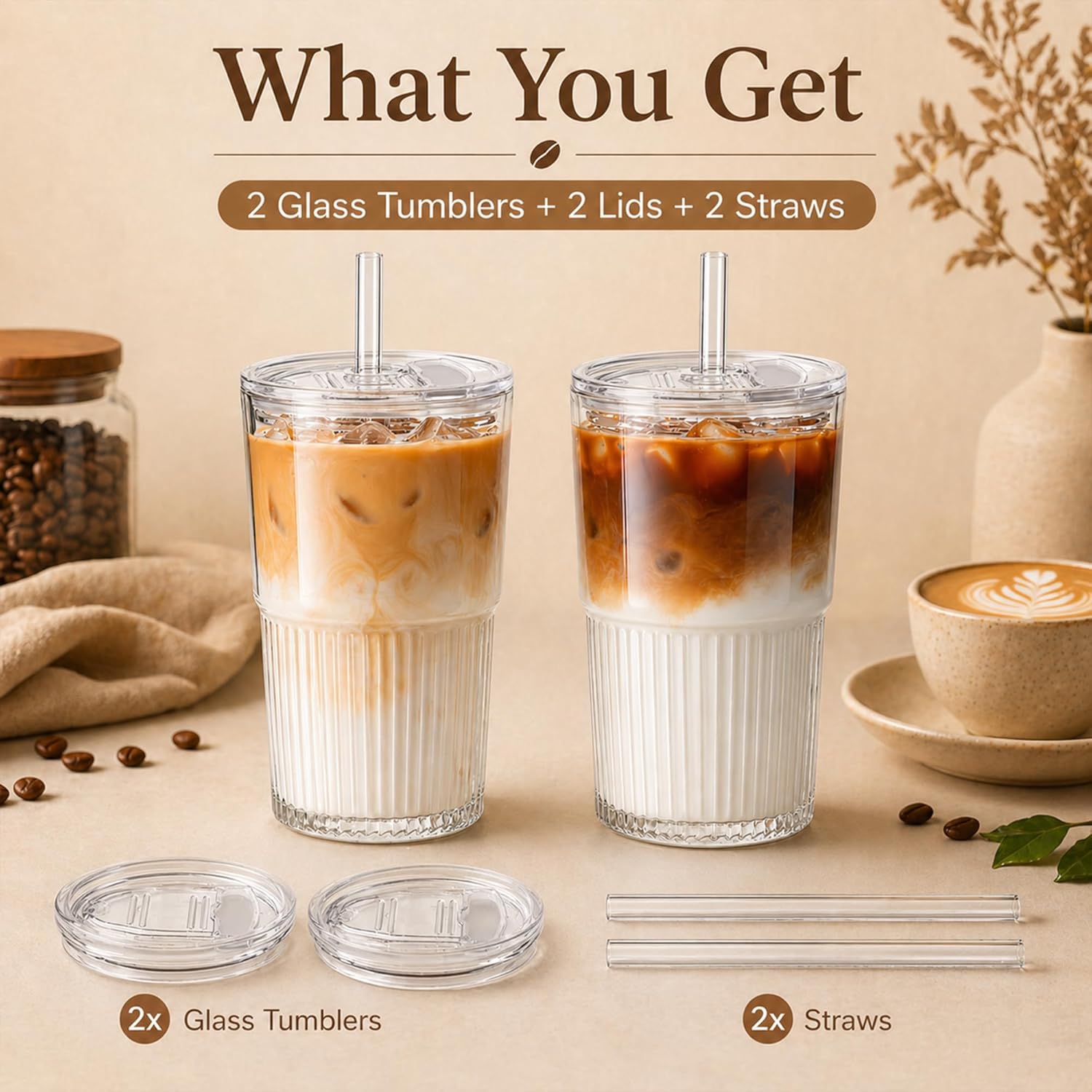 Ribbed Glass Cups with Lids and Straws (2 Pack), 16oz Iced Coffee Glass Tumbler, Leak Proof Coffee Cup To Go