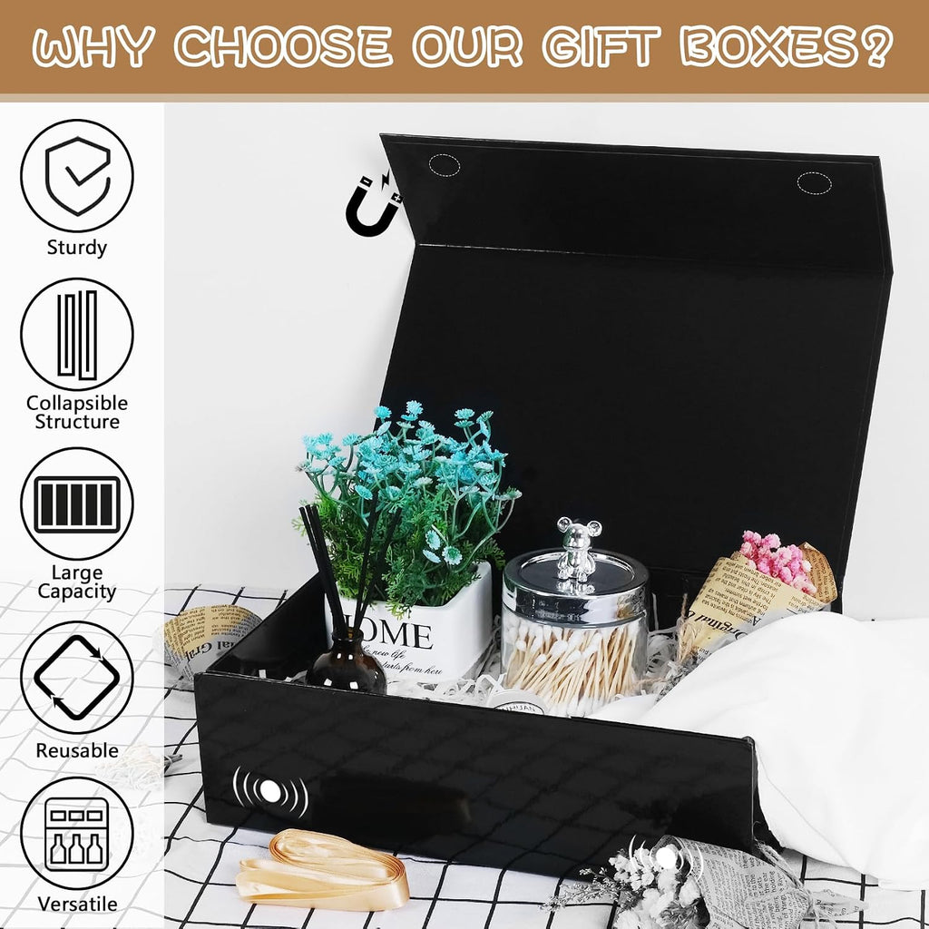 Black Gift Box with Magnetic Lids for Presents, Large Rectangle Collapsible Decorative Storage Boxes 13.8x9x4.3 in