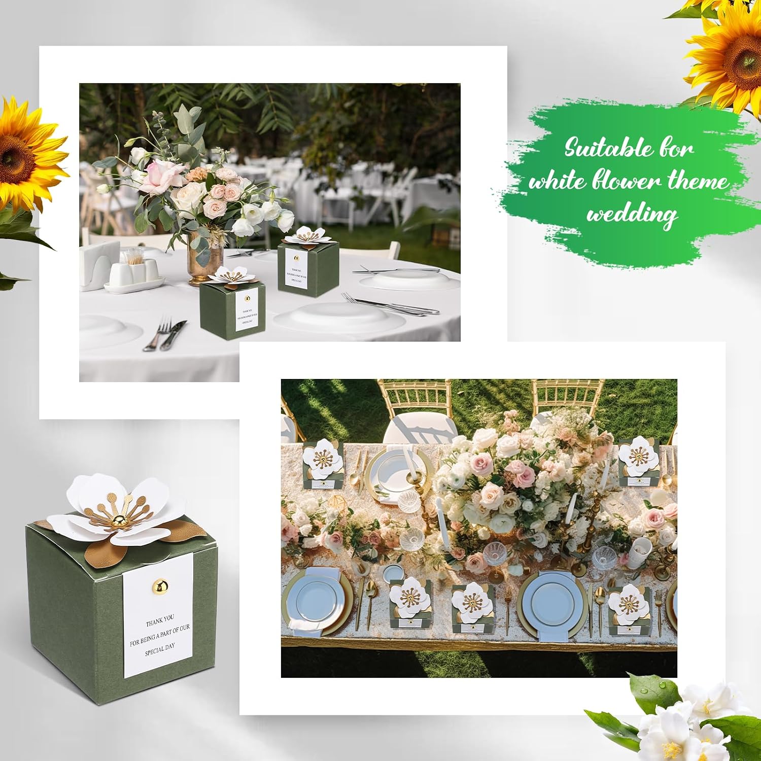 50 Pcs Wedding Favor Boxes with Thanks Card Square Flower Candy Boxes Paper Bridal Gift Box for Guests Wedding Bridal