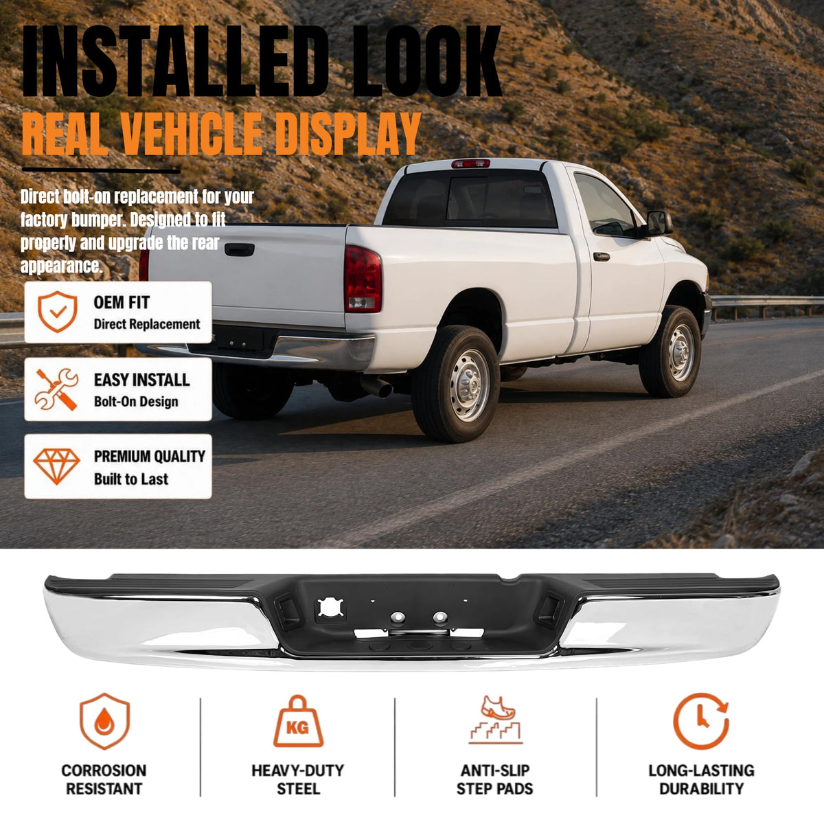 Jolexauto Chrome Rear Bumper Compatible with 2002-2009 Dodge Ram