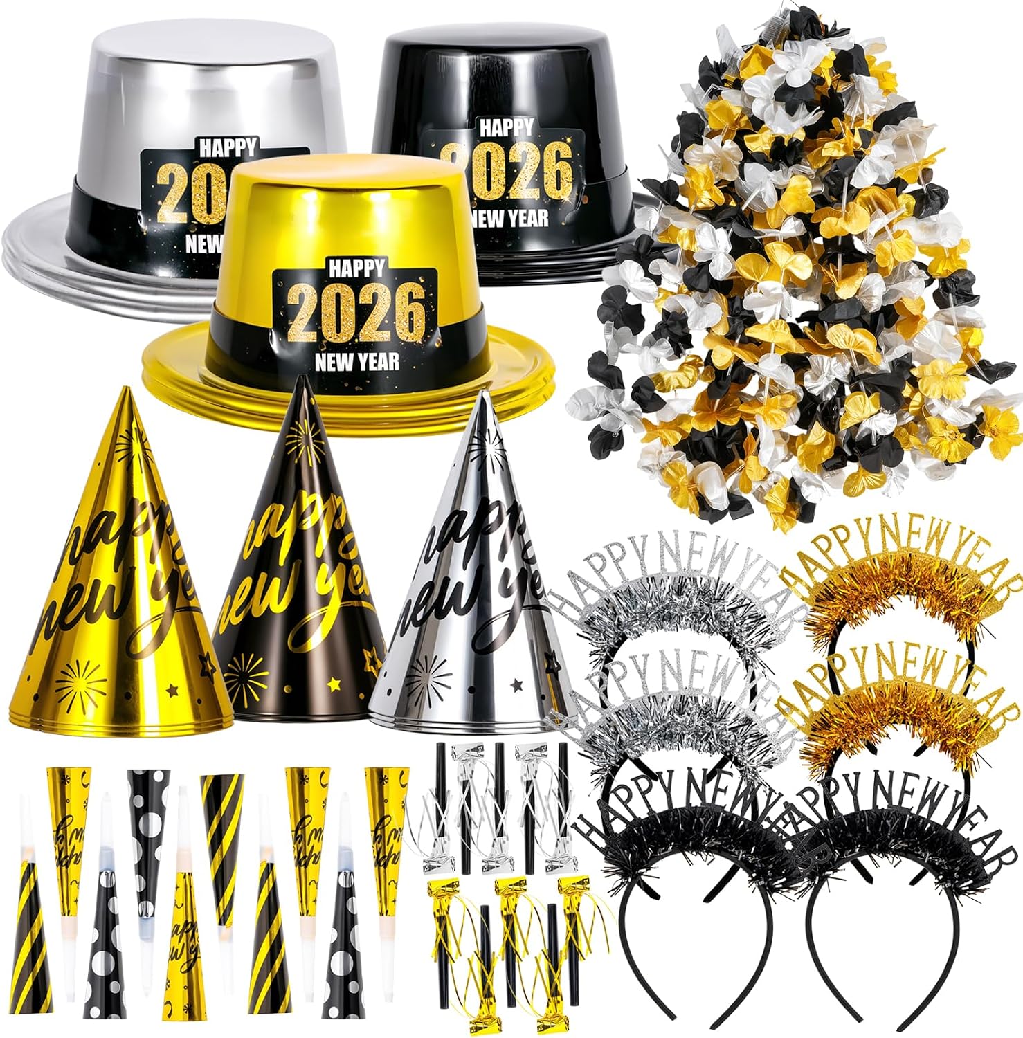 2026 New Years Eve Party Supplies for 20 Guests, 48 Pcs New Year Eve Party Hats and Horns, Headband, Tattoos