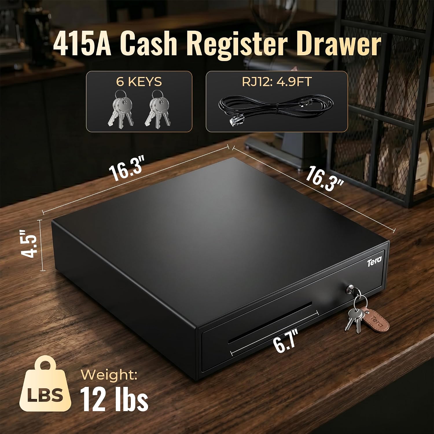 Cash Register Drawer 16 inch: 5 Bill 8 Coin Media Slot for POS, 415A | RJ-12 Interface, Auto & Manual Open, Removable