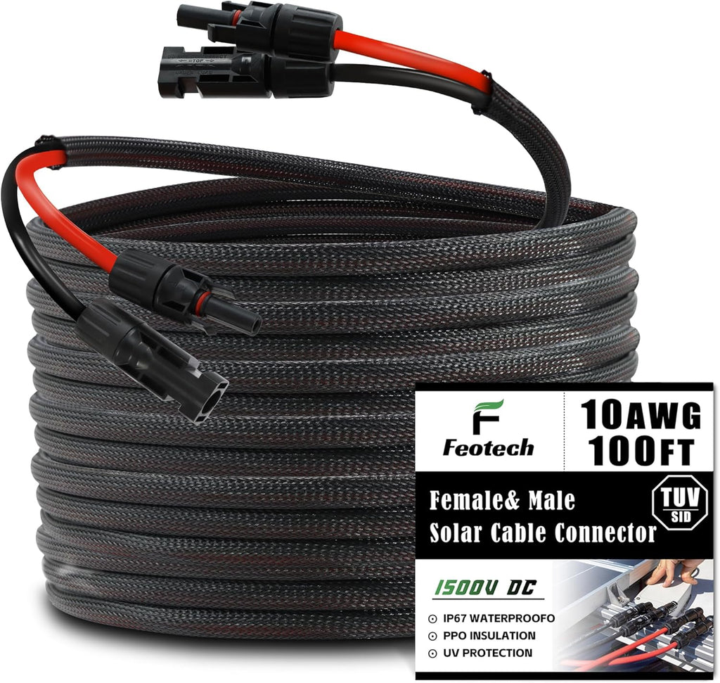 Twin Wire 100FT Solar Extension Cable - 10AWG(6mm²) Solar Panel Connector, with 6 Pairs-IP67-Male/Female Solar