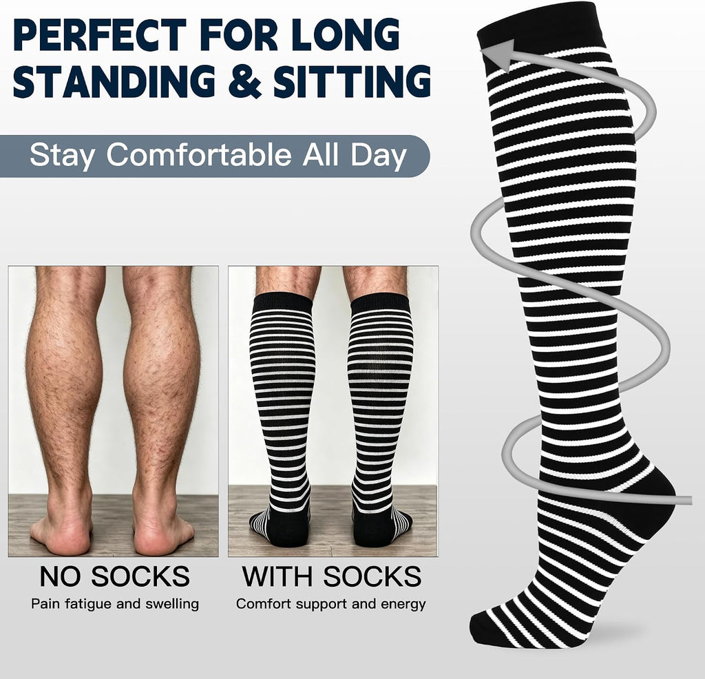 6 Pairs Wide Calf Compression Socks for Men Women 20-30 mmHg Knee High