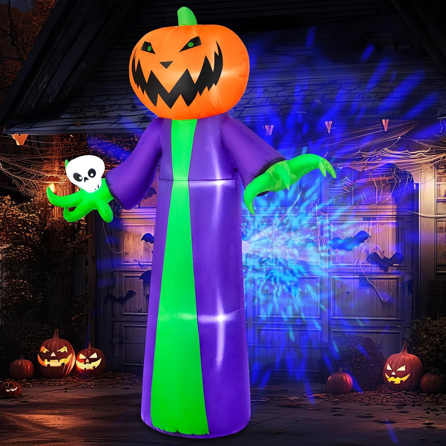 8FT Halloween Inflatables Outdoor Decorations, Inflatable Pumpkin Reaper Halloween Decorations Holds Skull Blow Up