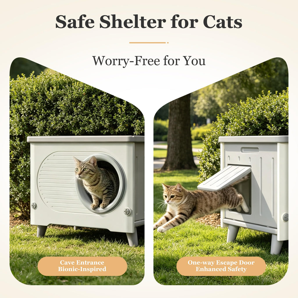 Outdoor Cat House Weatherproof Elevated with Escape Door & Cushion