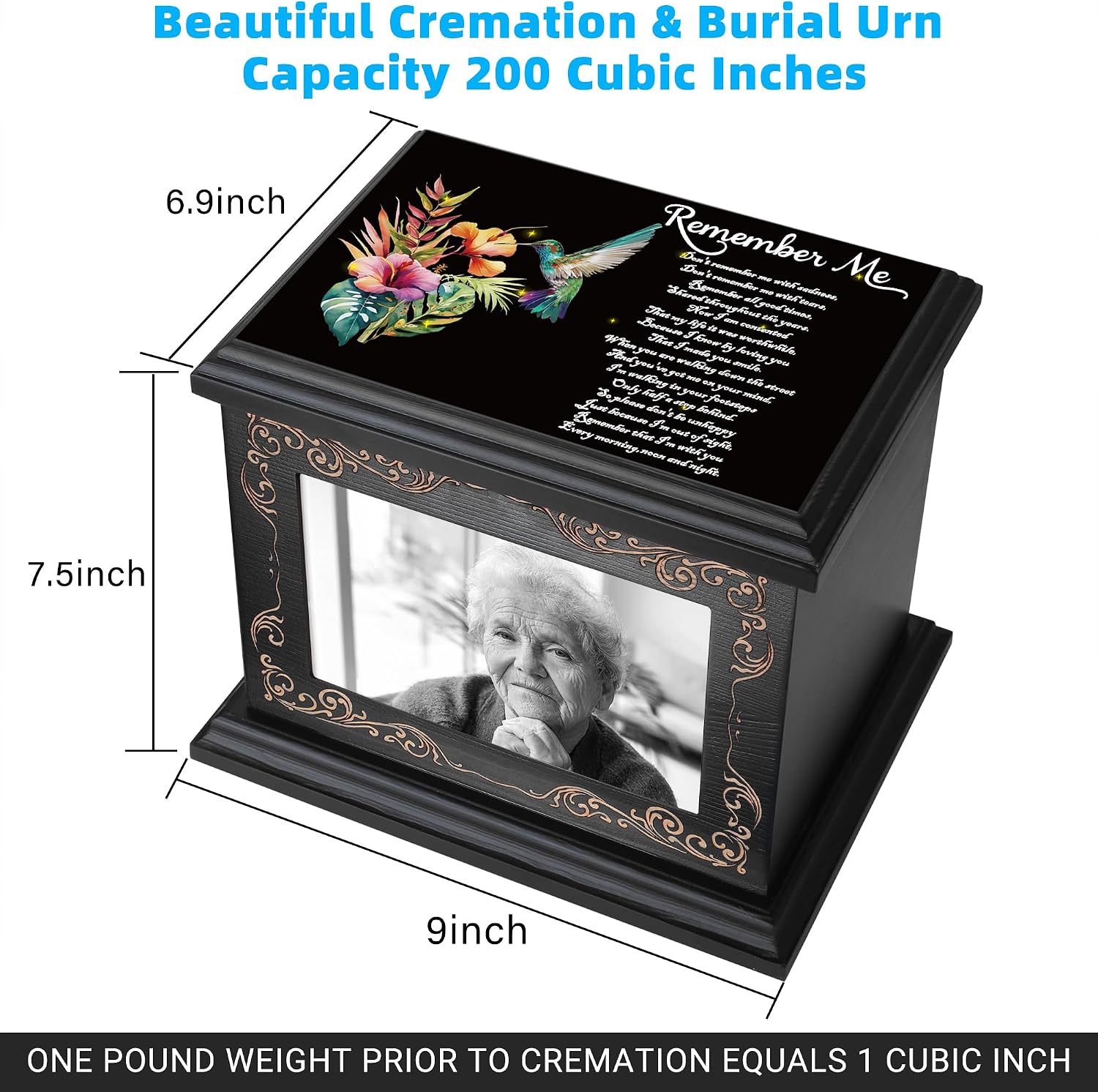Cremation Urns for Human Ashes Adult Up to 200 IBS with Photo Frame