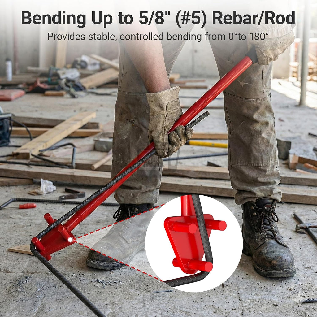 Manual Rebar Bender Tool for 5/8” (#5) Rebar, Hand Operated Steel Rod & Flat Bar Metal Bending Tool with Reverse Head