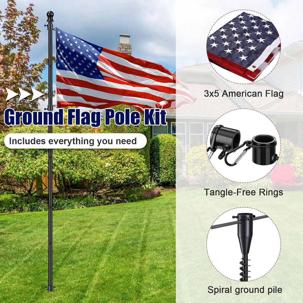 Flag Poles for 3x5 Flags Outdoor - 9 ft Tangle Free Stainless Steel Flagpole with with Spiral Ground Piles Inserted