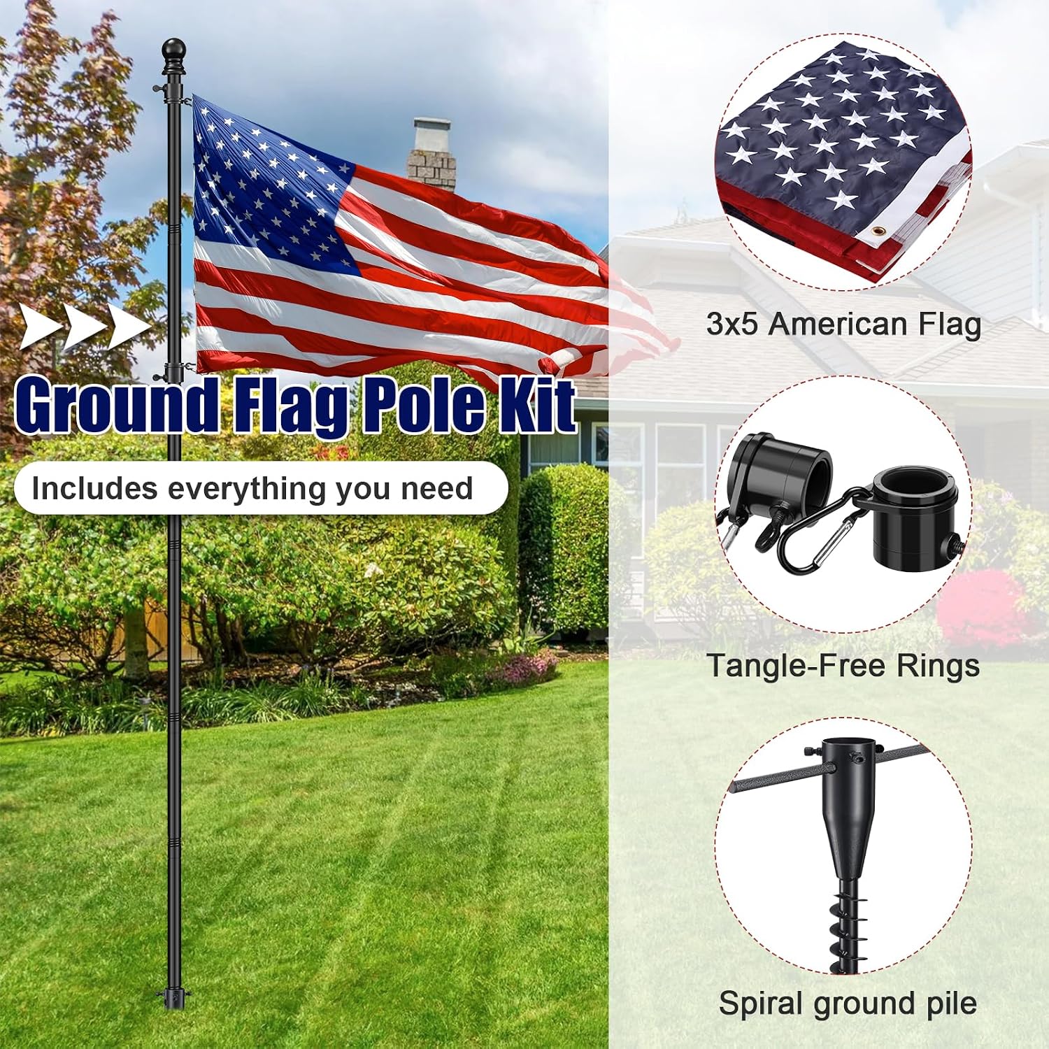 Flag Poles for 3x5 Flags Outdoor - 9 ft Tangle Free Stainless Steel Flagpole with with Spiral Ground Piles Inserted