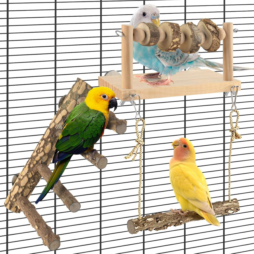 4 Pcs Bird Perch with Swing, Parrot Ladder Perches with Chew Blocks Birds Cage Play Gym Accessories for Conure