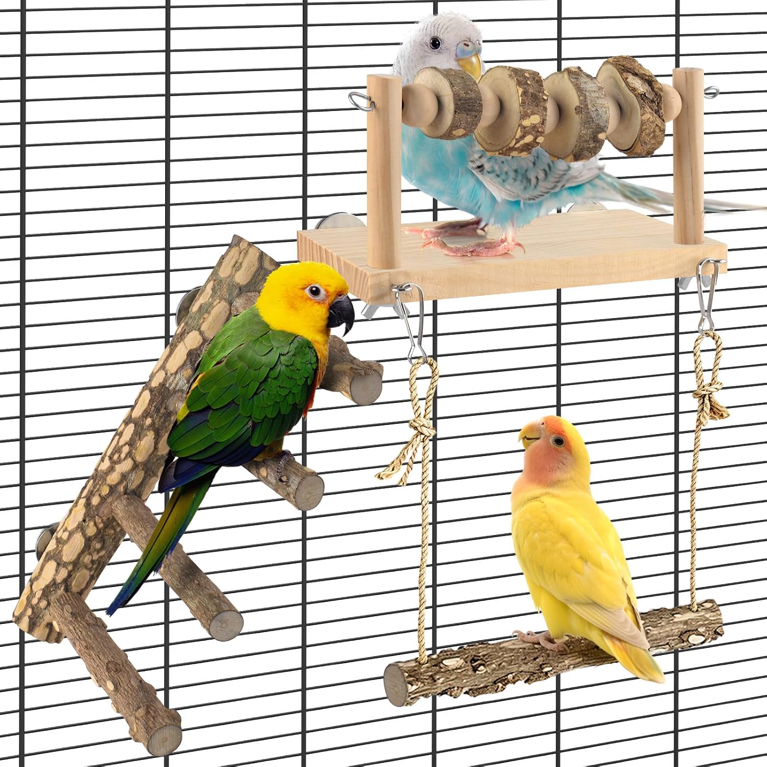 4 Pcs Bird Perch with Swing, Parrot Ladder Perches with Chew Blocks Birds Cage Play Gym Accessories for Conure