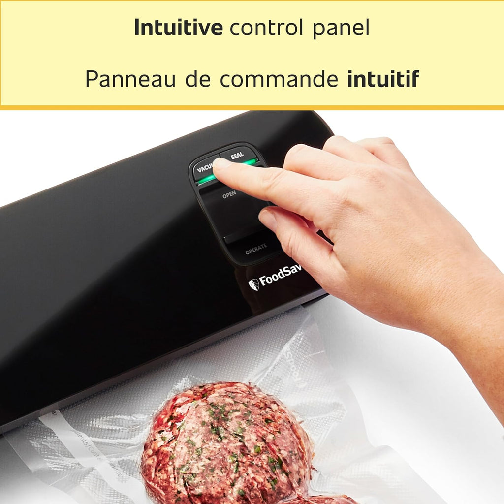 Space Saving Food Vacuum Sealer, Black with 2 Quart Vacuum Seal Bags, Pack of 1, Compact (Black)
