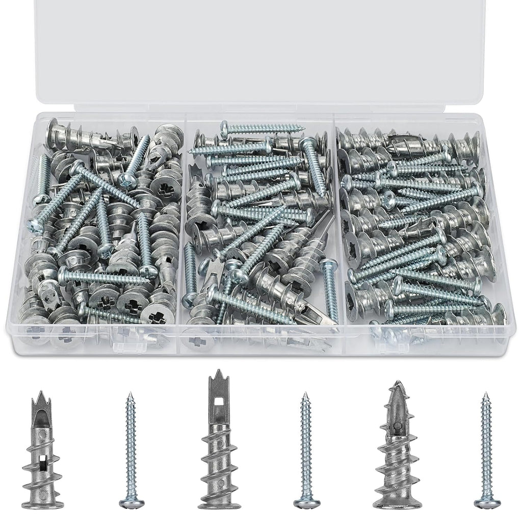 Zinc Self-Drilling Drywall Anchors with Screws Kit, 104 Pack 3 Size, 52 Heavy Duty Metal Wall Anchors and 52 Screws
