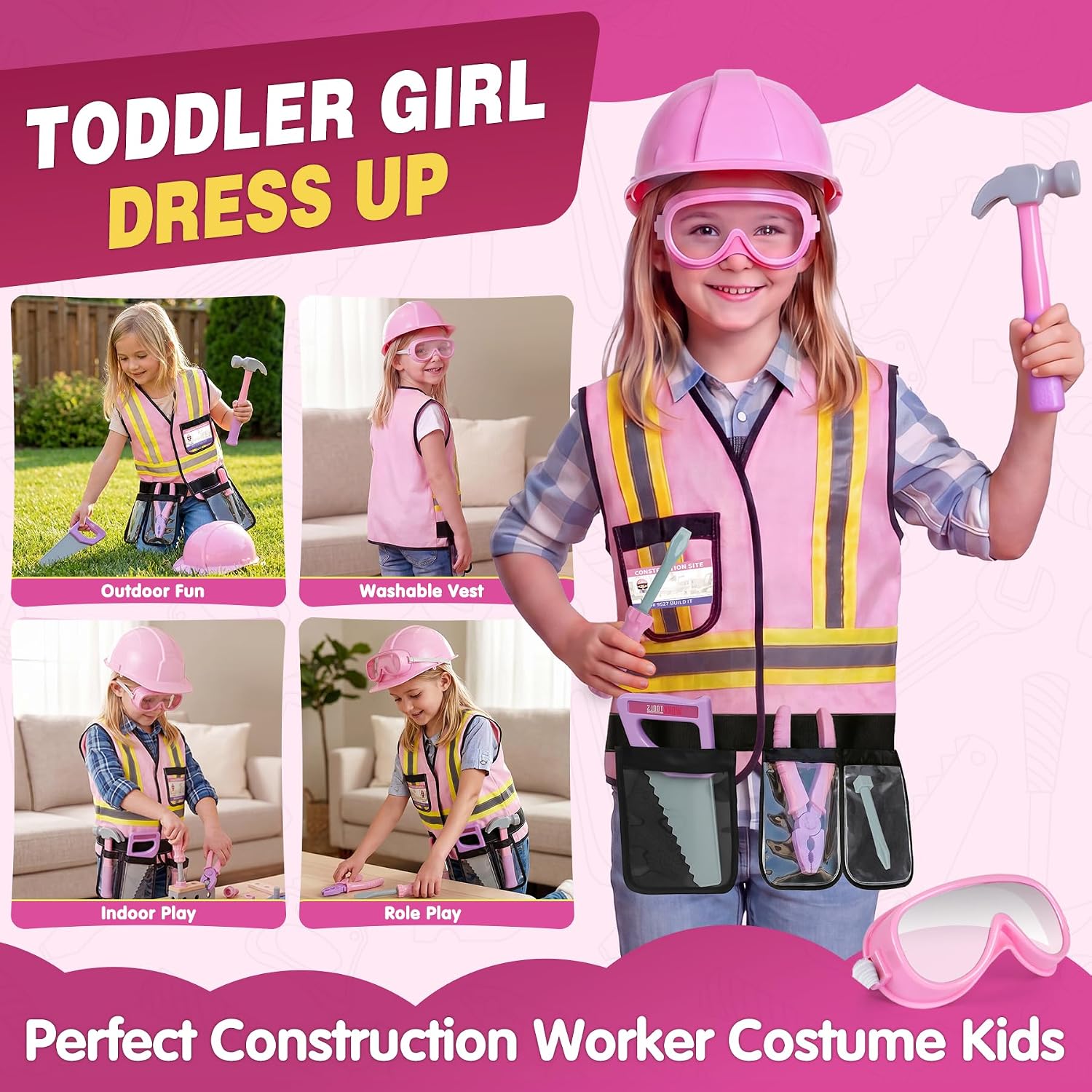 Pink Kids Tool Set with Construction Worker Costume for Girls Ages 3-5 - Toddler Dress Up Clothes, Toy Tools, Hat &