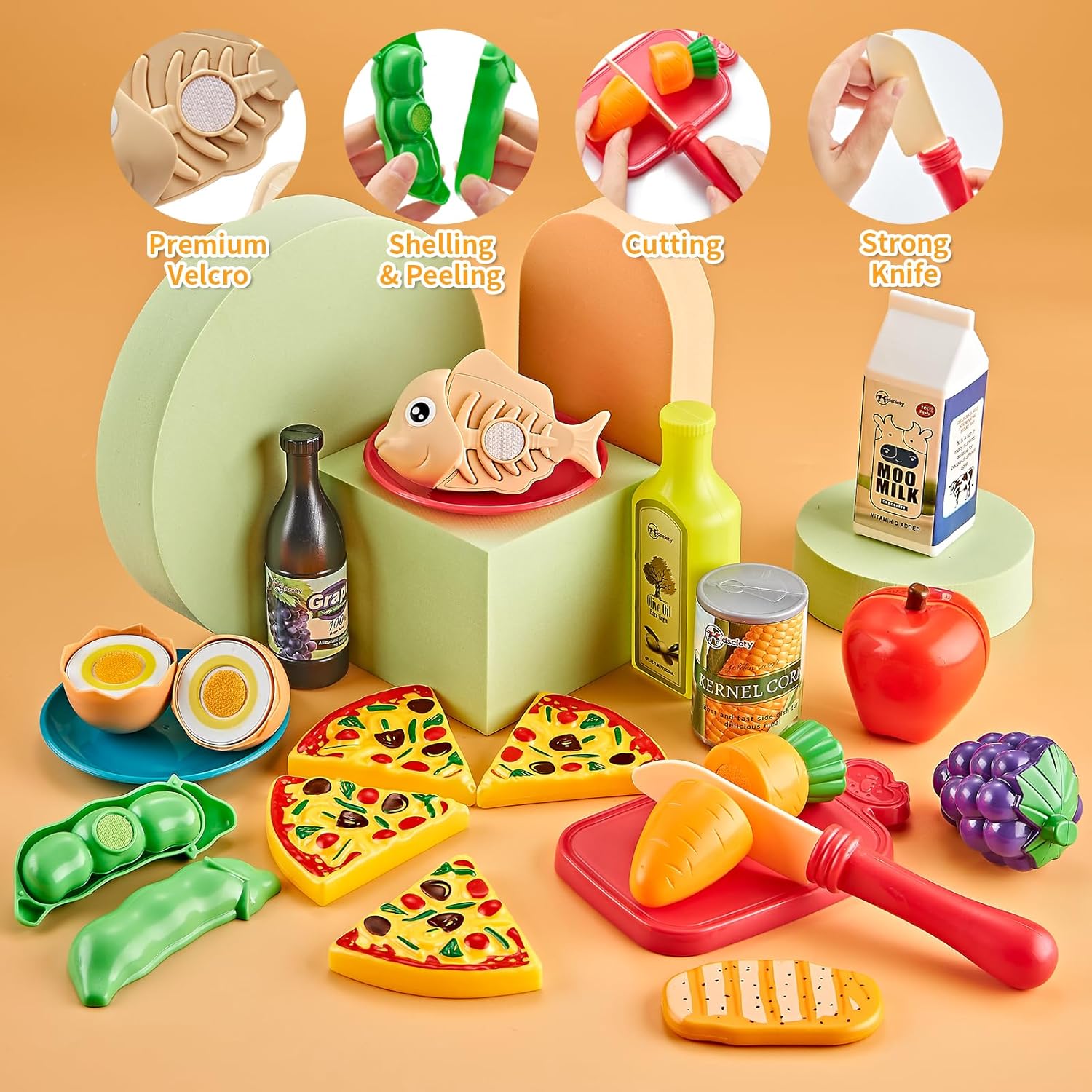 Pretend Play Accessories - 52pc Kids Kitchen Playset with Play Food, Stainless Steel Cookware, Toys Pots and Pans