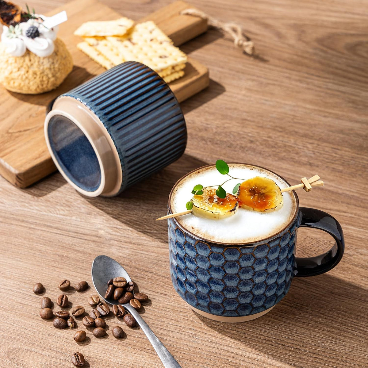 12oz Stackable Coffee Mugs with Stand, Ceramic Coffee Cups Set of 4