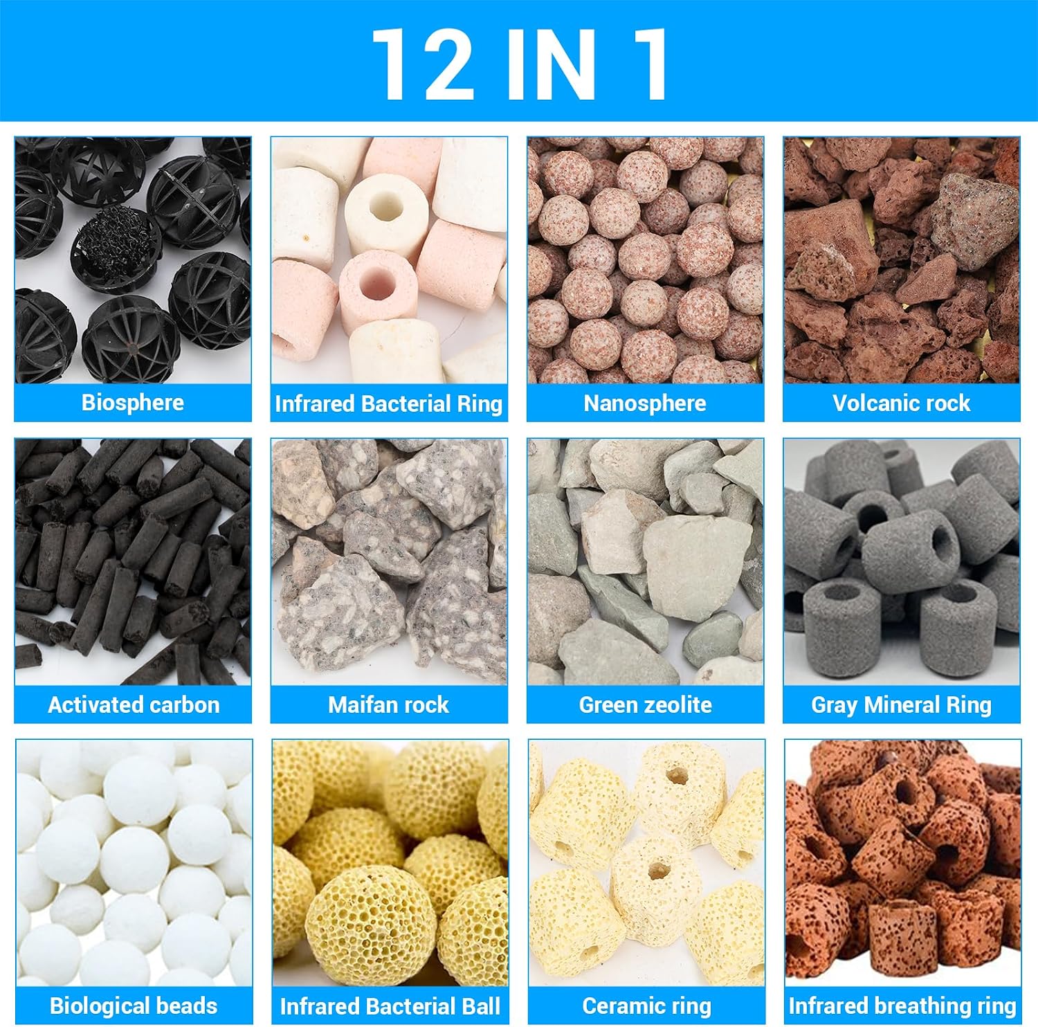Filter Media,12 in 1 Bio Media for Aquarium Sump Filter Ceramic Rings Activated Carbon Bio Balls Freshwater Marine