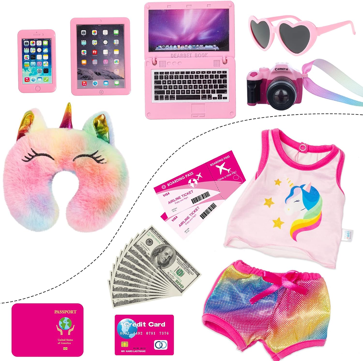 23 Pcs American 18 inch Doll Clothes and Accessories - Suitcase Luggage , Pillow, Sunglasses, Camera, Passport