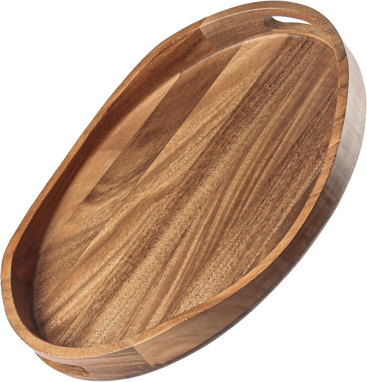 Acacia Wood Serving Tray with Handles - 17"x13" Round, Decorative Ottoman Tray for Living Room, Coffee Table