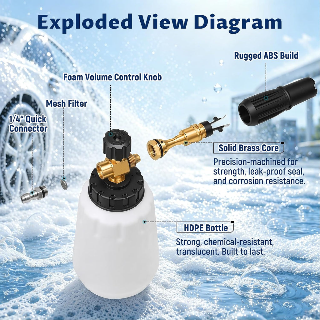 Foam Cannon for Pressure Washer, 1000ml Wide Mouth Snow Foam Lance, 1/4 Inch Quick Connector, Adjustable Foam