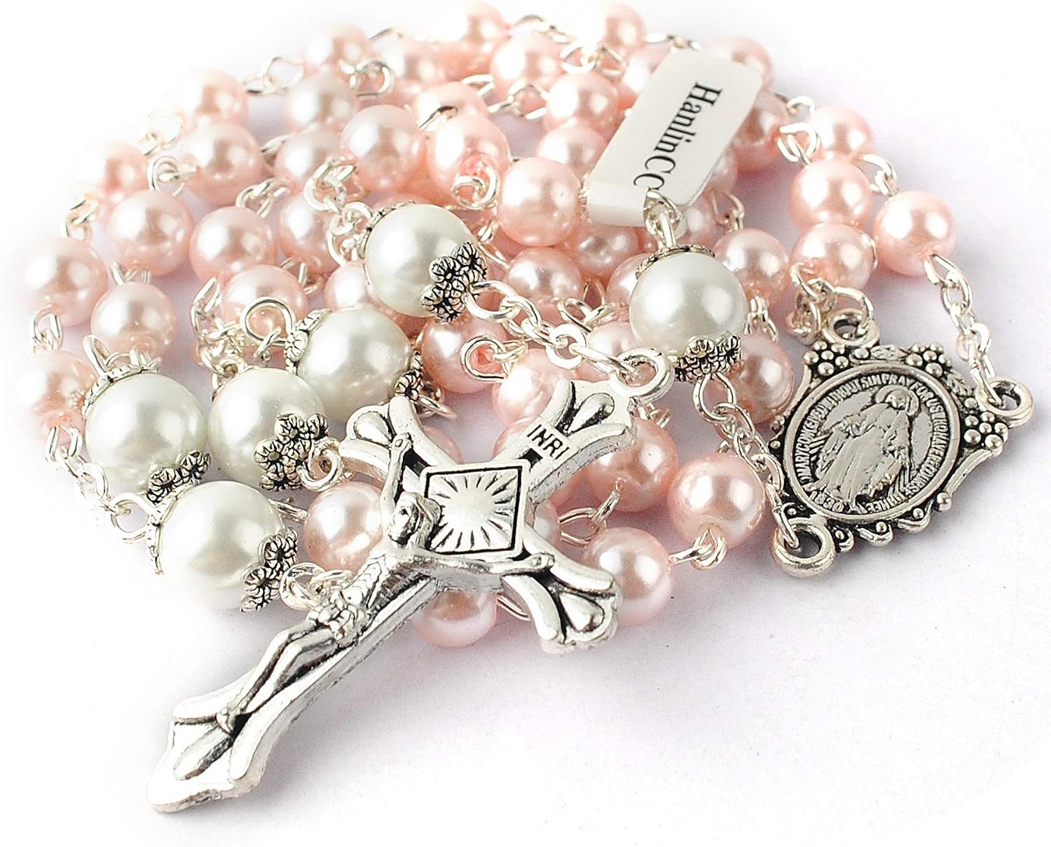 Catholic Miraculous Medal Rosary Glass Pearl Beads with Gift Box