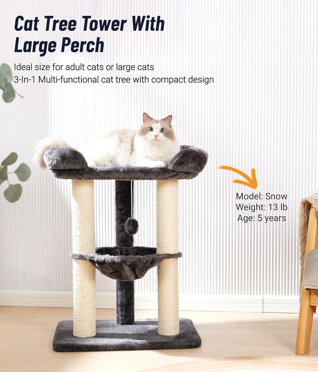 28" Cat Tree, Large Bed for Big Cats, Small Cat Tower with Soft Perch for Window Viewing, Stable Cat Tree Tower, Cat