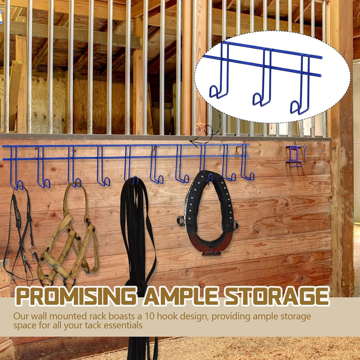 2 Pack 10 Hook Bridle Rack, Metal Tack Room Wall Organizer, Blue