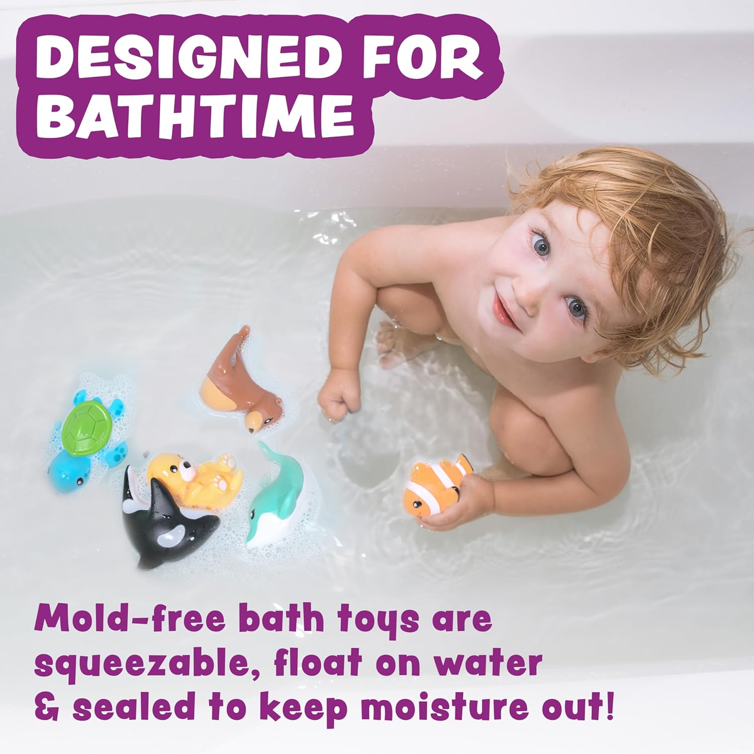 Marine Mold Free Bath Toys, 6 Pack | Sealed, No Hole Bath Toys Design Keeps Moisture Out | Soft, Squeezable & Float