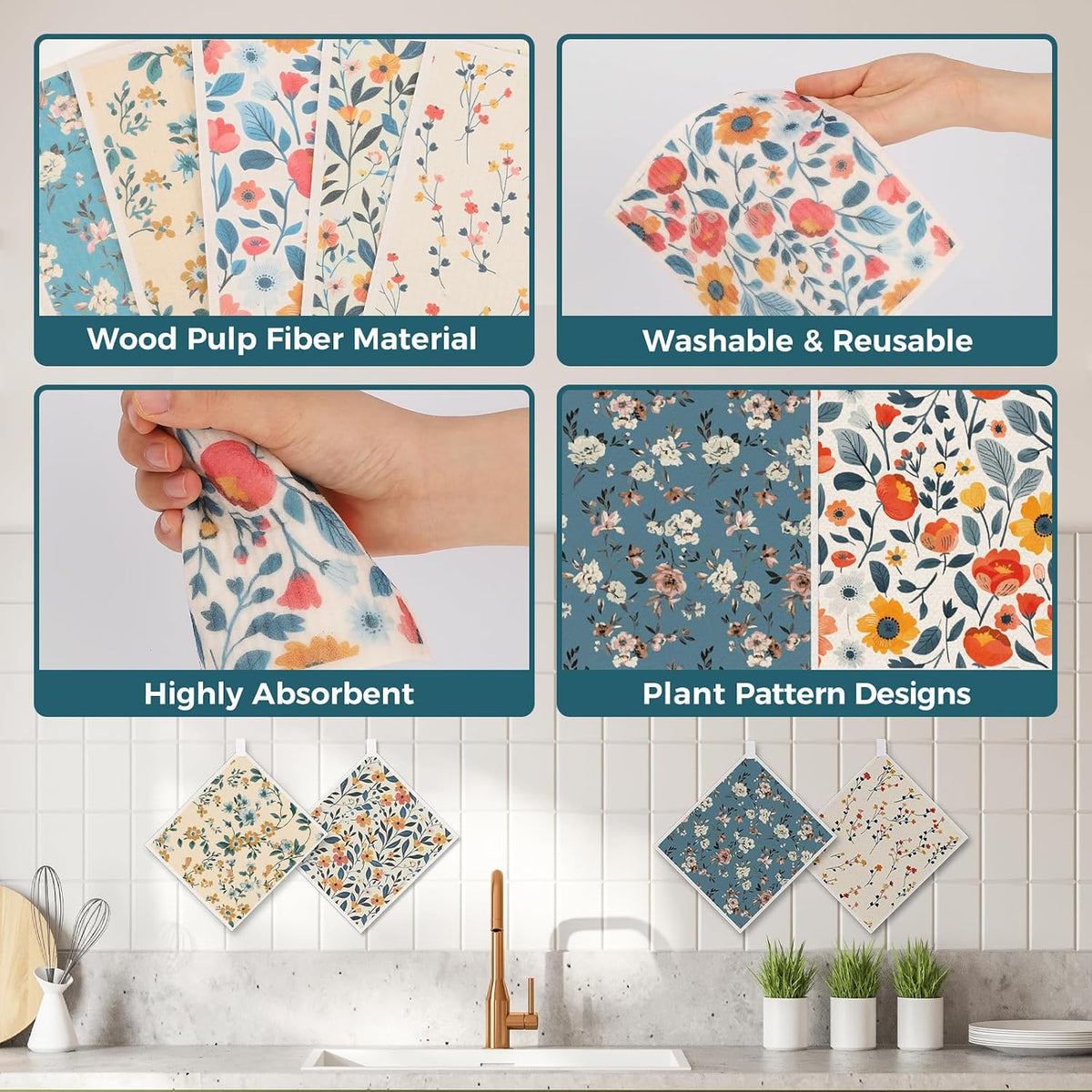 10 Pack Swedish Dishcloths, Reusable Kitchen Towels with Clips, Plant