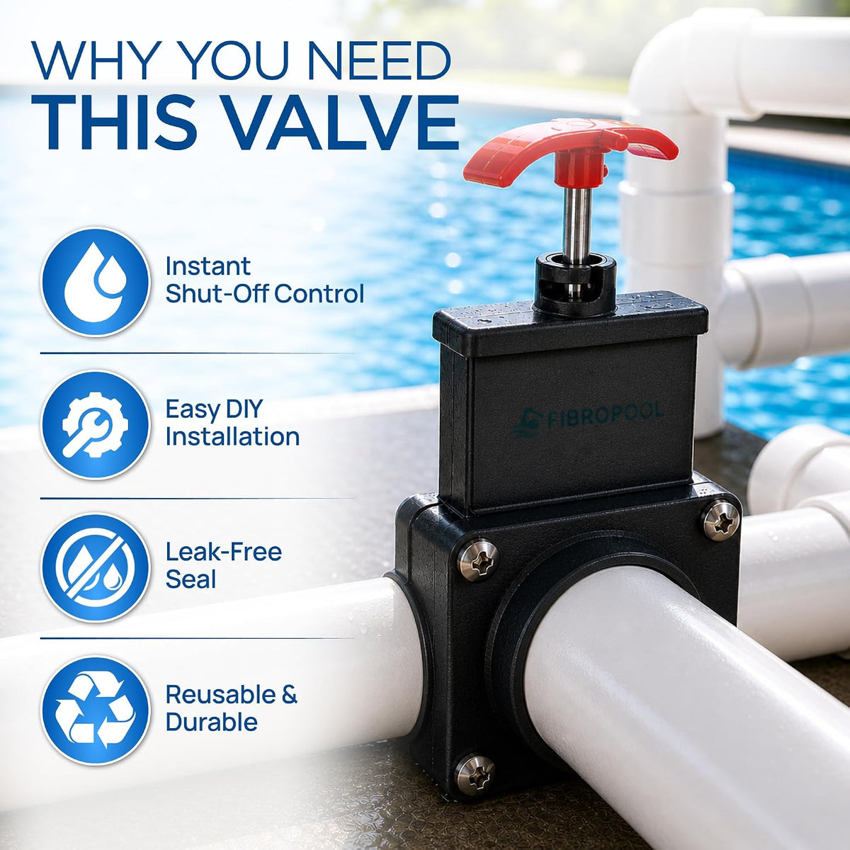 FibroPool Gate Valve - Dual Threaded Shut-Off - 1.5 in - Plastic
