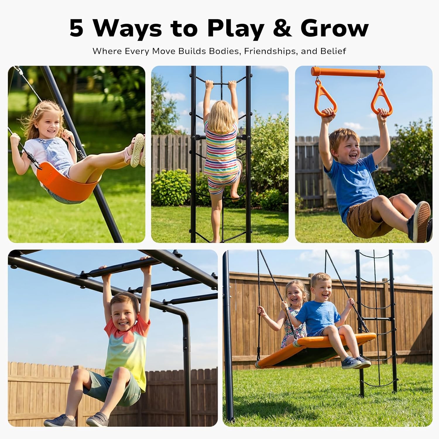 Swing Sets for Backyard with Monkey Bars, Belt Swing, Platform Swing, Climbing Net, Trapeze Bar, Outdoor Playset for