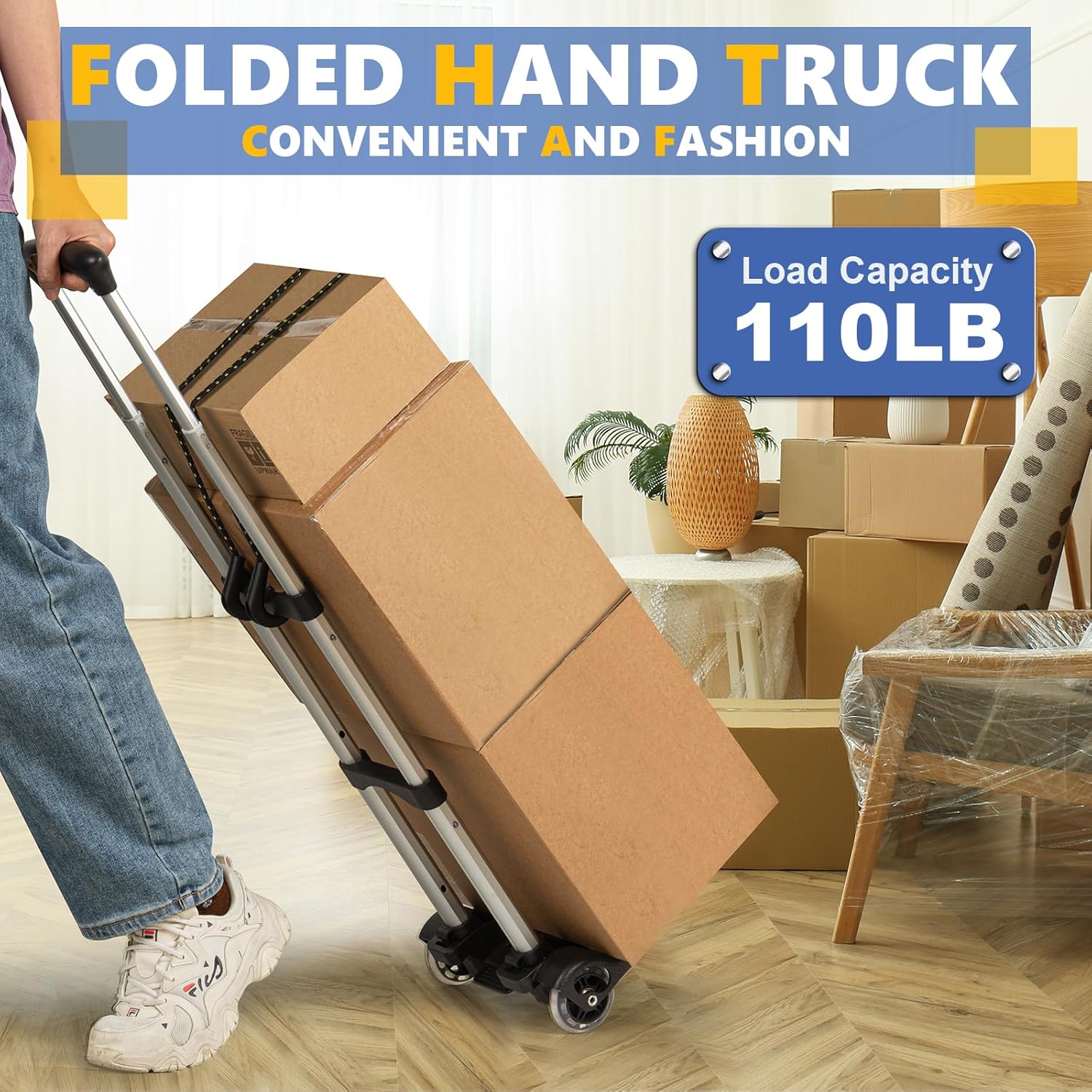 Small Folding Hand Truck Dolly with 2 Wheels, Foldable Luggage Cart, Lightweight Aluminum Collapsible Trolly Portable