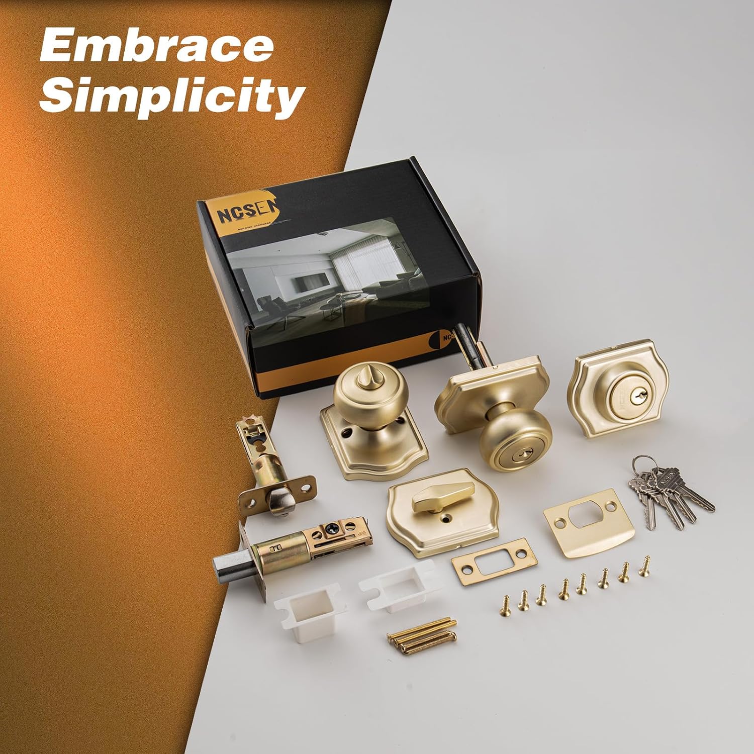 Brushed Gold Door Knobs with Camelot Trim, Exterior Door Lock Set with Deadbolt Keyed Alike, Coastal Style Exterior