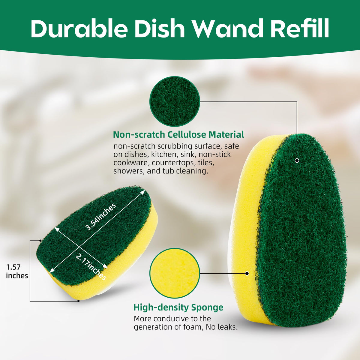 Dishwand Refills Sponge Heads, 6Pcs Non-Scratch Dish Wand Replacement Heads